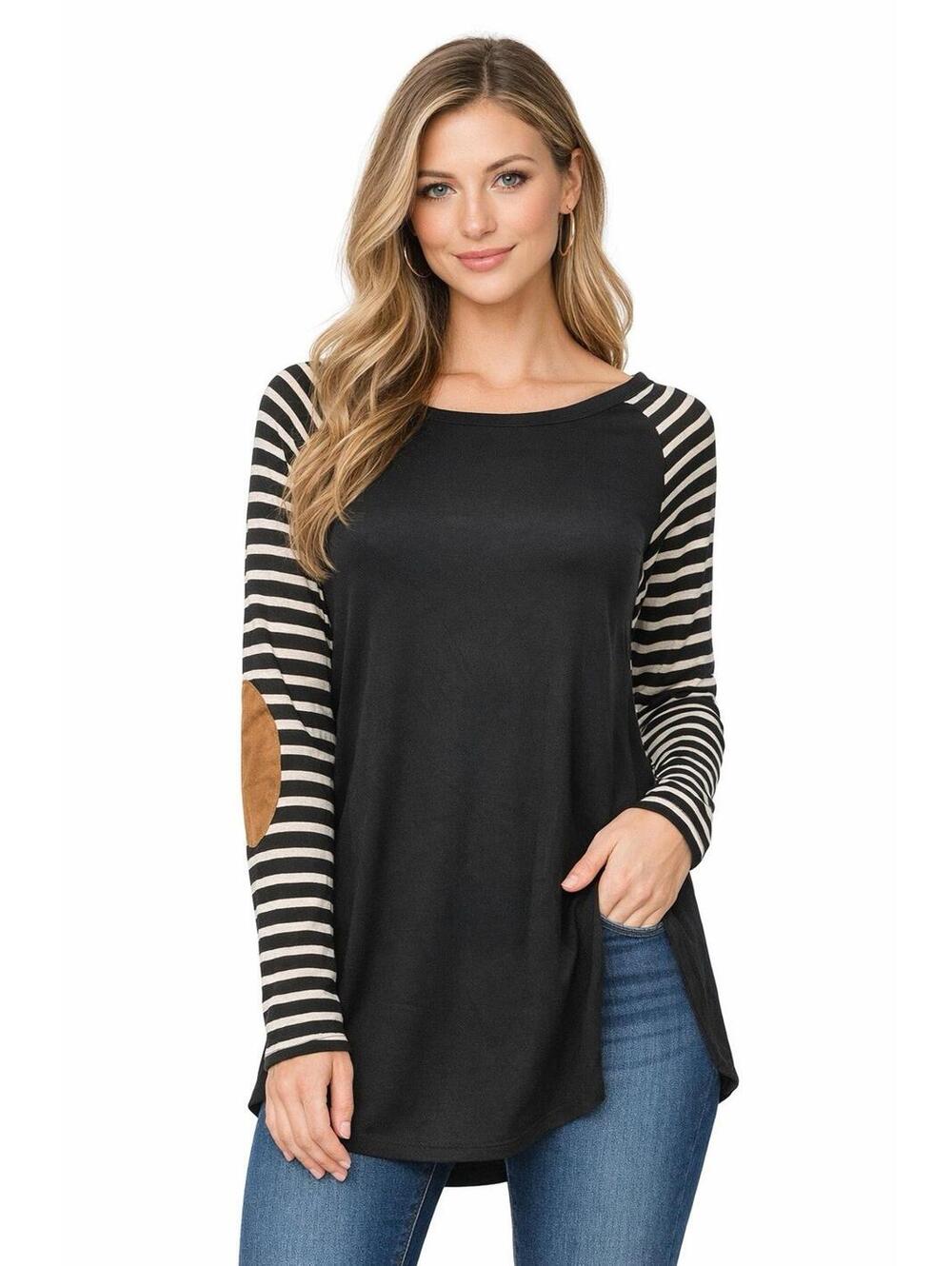 Hailey & Co Black Tunic Top Striped Sleeves Elbow Patch Long Sleeve NWOT - A7